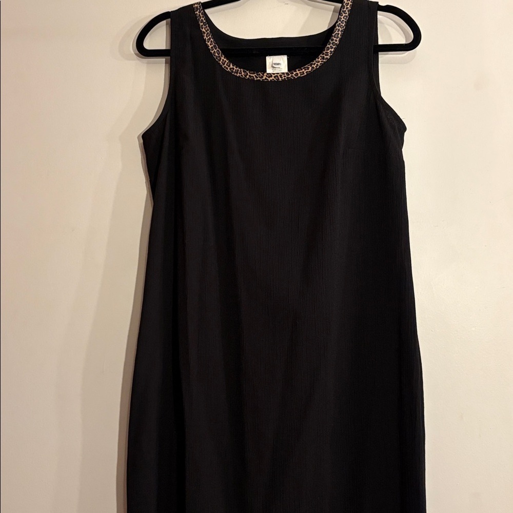 Vintage 1980s Black Sheath Dress With Leopard Trim Office Casual Retro Size 10P - Picture 3 of 17